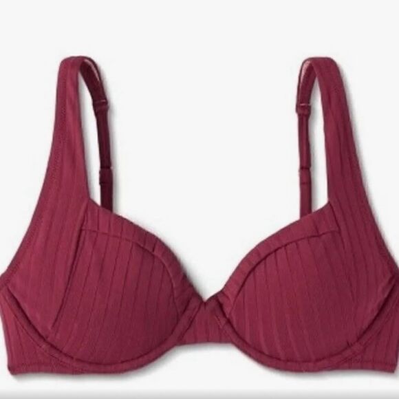 Shade & Shore Burgandy Unlined Ribbed Wired Bikini Top NWOT Size 34DD - Picture 6 of 7